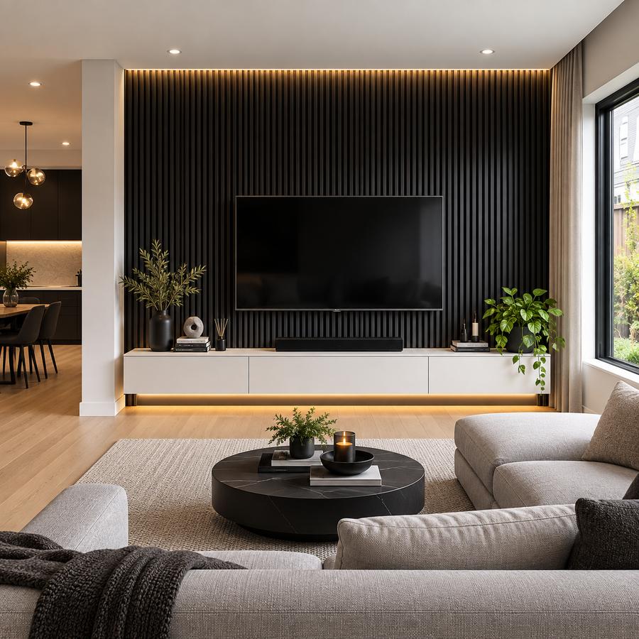 Black 60 × 240 × 1.5cm acoustic wall panel with a sleek textured finish for contemporary interiors