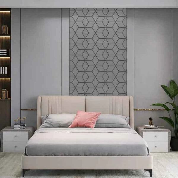 Grey block decorative acoustic wall panels installed on living room feature wall