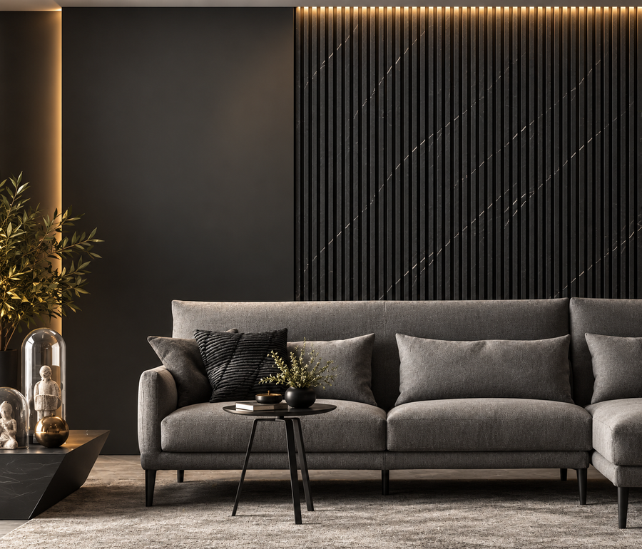 Gold and black marble 60 × 240 × 1.5cm acoustic wall panel with dramatic veining and a luxury finish