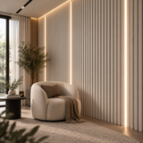 Long linear lighting strips create a clean ambient glow between modern wall panel sections