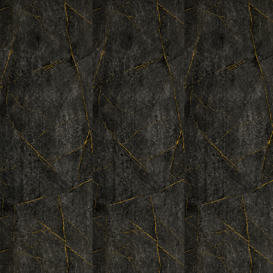 Close-up view revealing rich black tones with striking metallic gold details across a polished marble-style finish