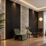 Modern interior featuring a 15 × 240 × 1.8cm black seamless PVC wall panel for a bold architectural feature