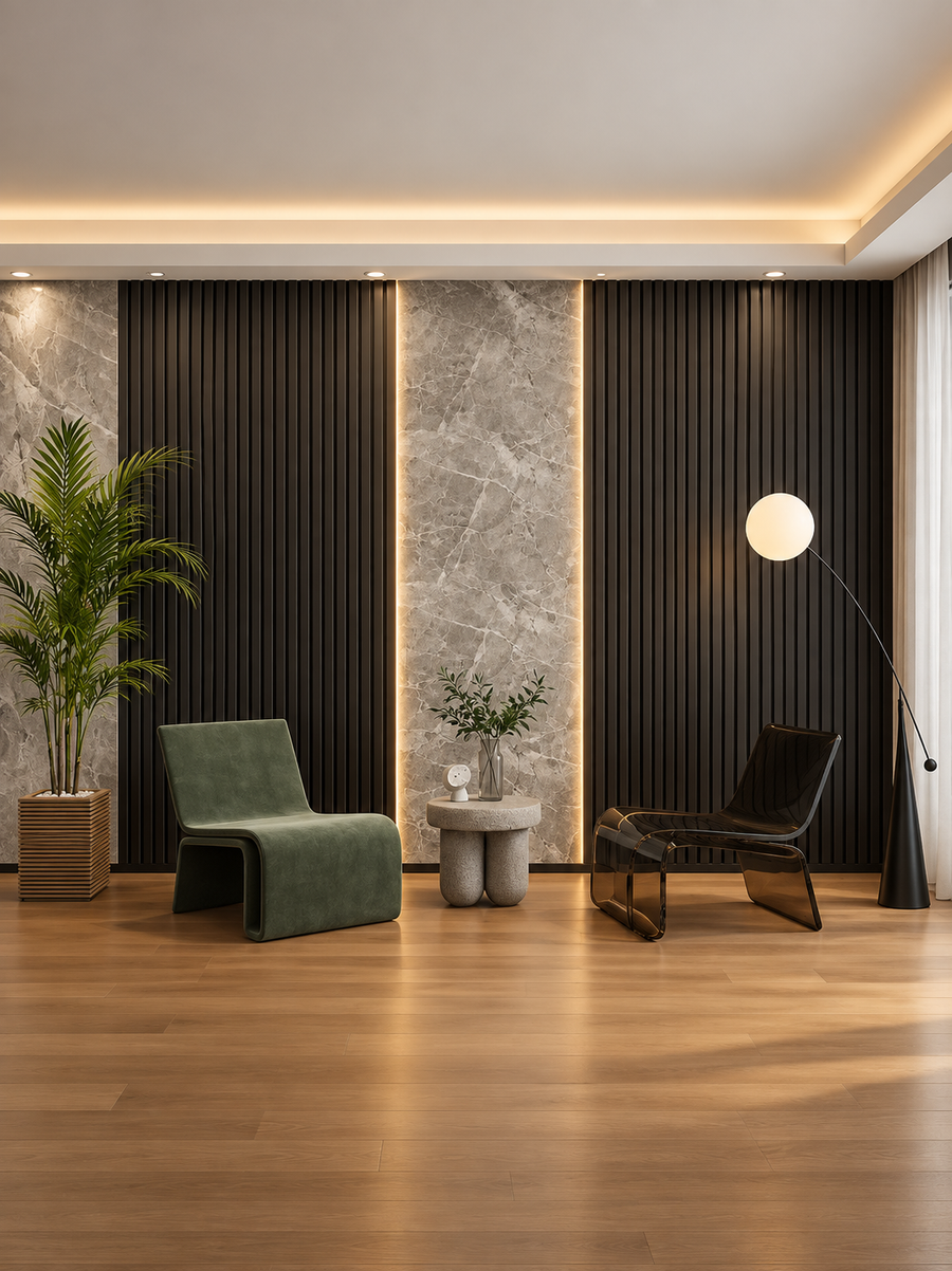 Black 15 × 240 × 1.8cm seamless PVC wall panel with a sleek dark finish for contemporary interiors