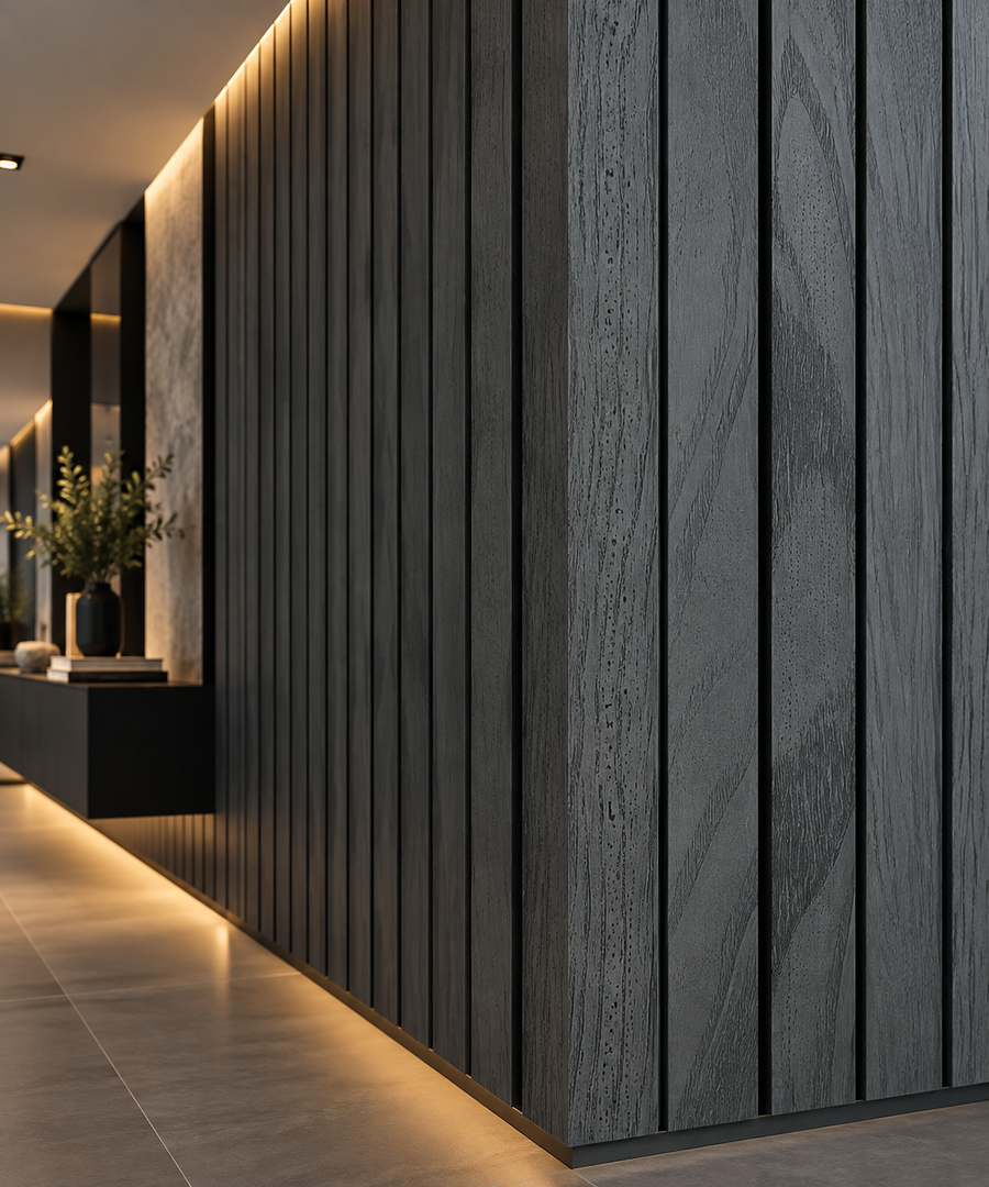Black 15 × 240 × 1cm seamless PVC wall panel with a sleek dark finish for modern interior spaces