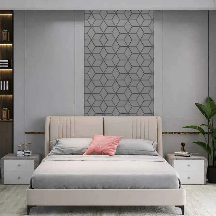 Grey block decorative acoustic wall panels installed on living room feature wall