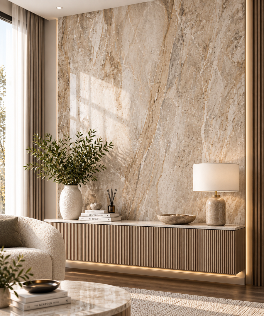 Modern living space enhanced with light cream wall cladding for a bright, clean and sophisticated appearance