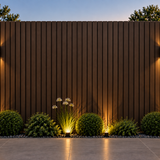 Modern outdoor space featuring a 21 × 290 × 2.5cm dark brown composite wall panel for a warm architectural finish