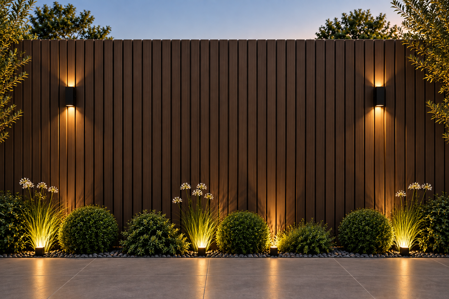 Modern outdoor space featuring a 21 × 290 × 2.5cm dark brown composite wall panel for a warm architectural finish