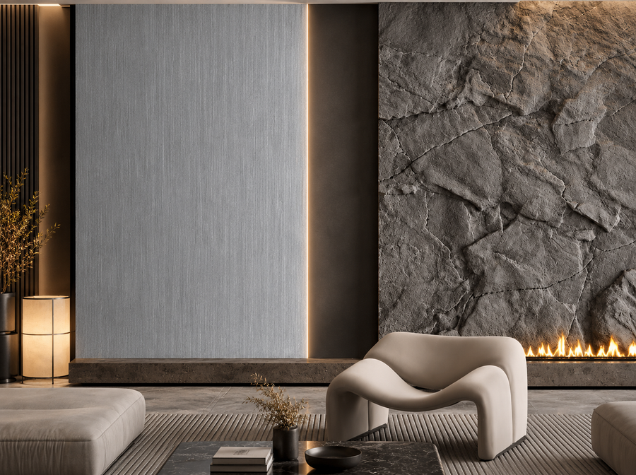 Contemporary feature wall styled in a dark neutral finish for a bold and elegant interior appearance
