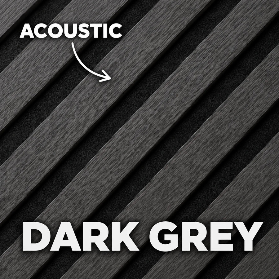 Close-up of a 60 × 240 × 1.5cm acoustic panel highlighting deep charcoal tones and refined slatted detailing