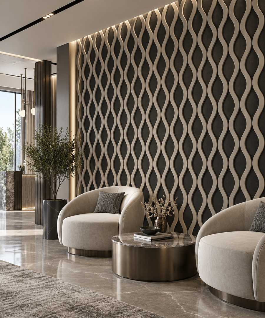 Dark grey 60 × 240 × 1.5cm acoustic wall panel with flowing wave details and a bold textured finish
