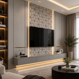 Rich dark wood tones combined with a dimensional block pattern create a bold and sophisticated interior feature