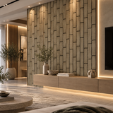 Modern interior featuring a 60 × 240 × 1.7cm dark oak acoustic wall panel with elegant vertical architectural detailing