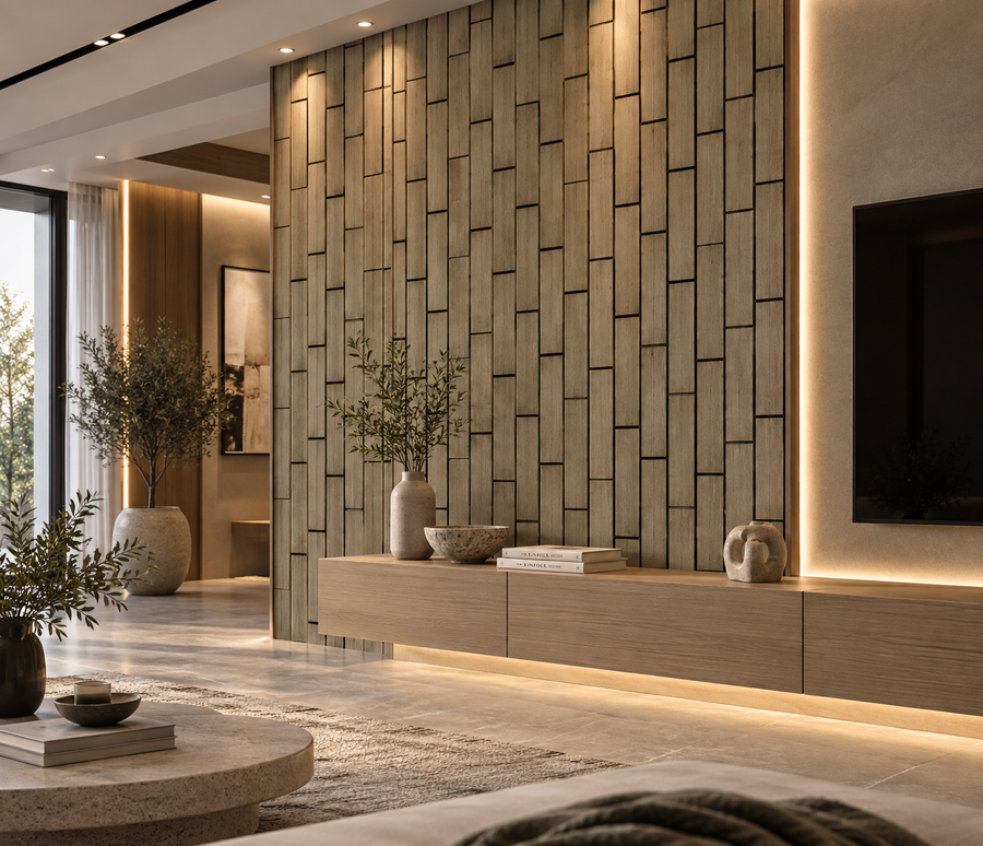 Modern interior featuring a 60 × 240 × 1.7cm dark oak acoustic wall panel with elegant vertical architectural detailing