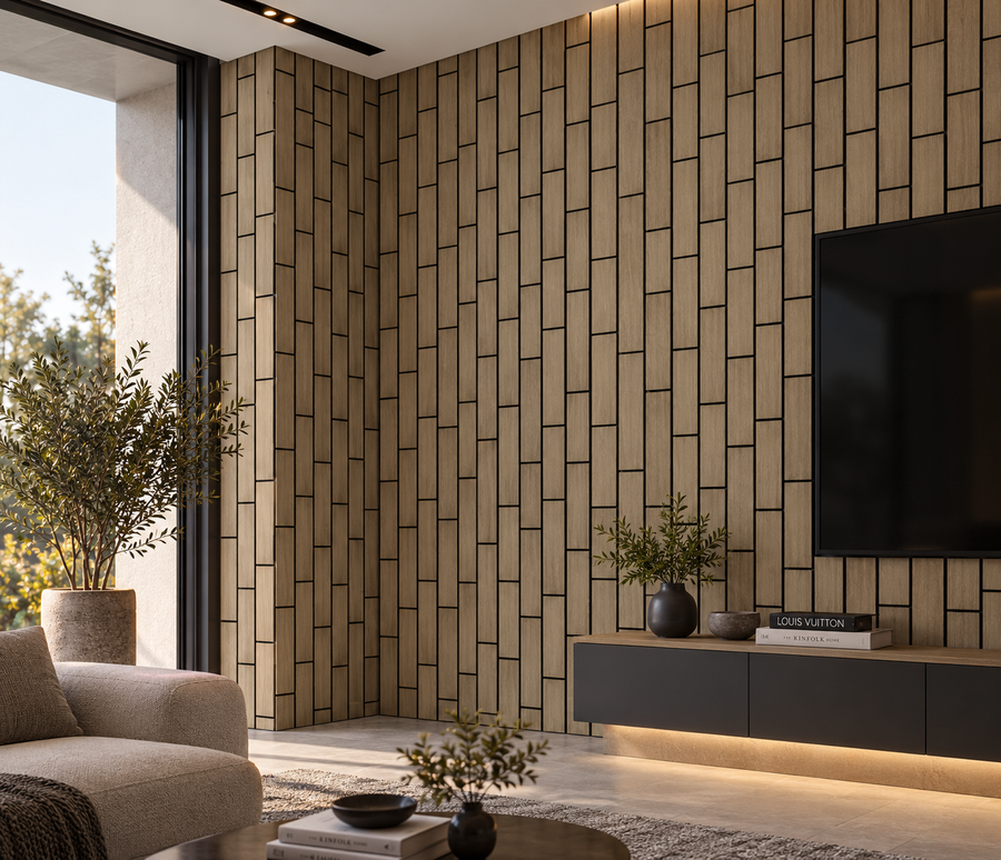 Dark oak 60 × 240 × 1.7cm acoustic wall panel with vertical detailing and a rich wood-effect finish