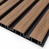 Close-up of a 30 × 240 × 1.2cm PVC panel showcasing deep oak tones and realistic natural timber texture