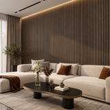 Dark oak 30 × 240 × 1.2cm seamless PVC wall panel with rich wood grain and a refined modern finish