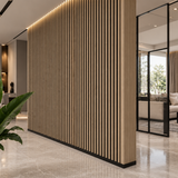Rich dark wood grain paired with broad vertical slats creates a warm and sophisticated feature wall