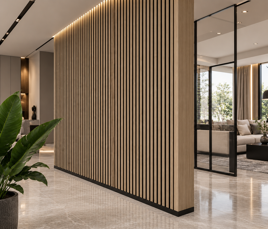 Rich dark wood grain paired with broad vertical slats creates a warm and sophisticated feature wall