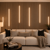 Contemporary feature wall enhanced with subtle linear illumination for a stylish and atmospheric interior finish