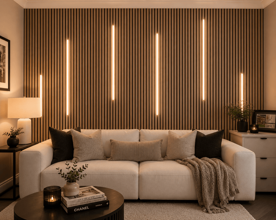 Contemporary feature wall enhanced with subtle linear illumination for a stylish and atmospheric interior finish
