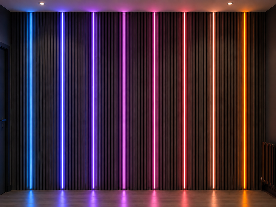Vibrant colour-changing LED illumination creating a modern ambient glow across decorative wall panels