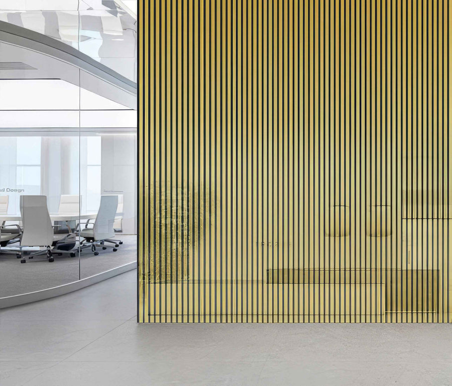 Shiny gold 60 × 240 × 1.5cm acoustic wall panel with a bright metallic finish for luxury interiors