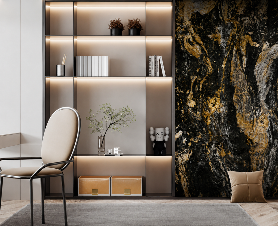 Deep black marble-effect surface with elegant gold veining creating a bold luxury feature wall