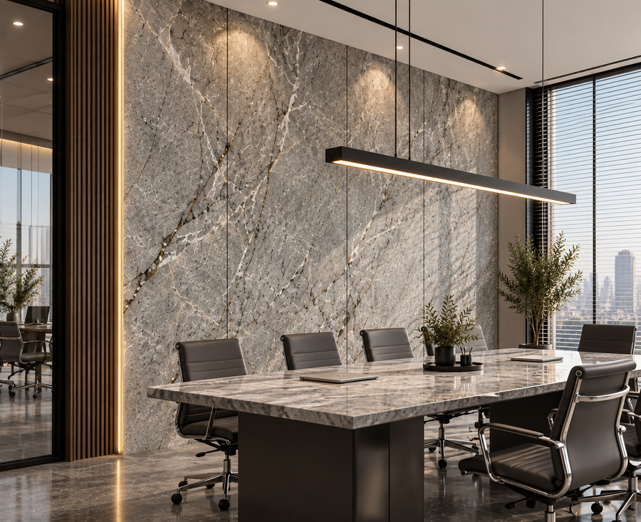 Elegant grey stone-effect surface enriched with flowing gold veining for a luxurious interior feature wall