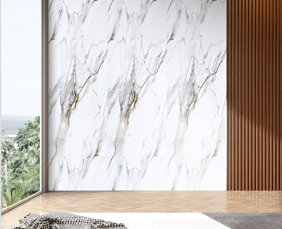 Bright marble-inspired surface with elegant golden veining creating a luxurious focal point for modern interiors