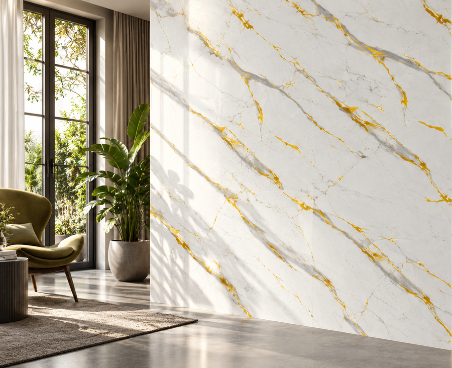 Elegant white marble-effect surface featuring luxurious gold veining for a bright and sophisticated interior