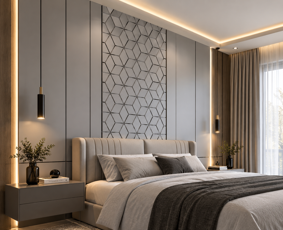 Modern grey block-style surface adds depth and texture while creating a refined feature for contemporary interiors