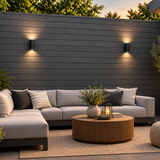 Modern grey composite exterior wall panel featuring a stylish slatted wood-effect design