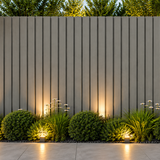 Modern outdoor space featuring a 21 × 290 × 2.5cm grey composite wall panel for a contemporary architectural finish