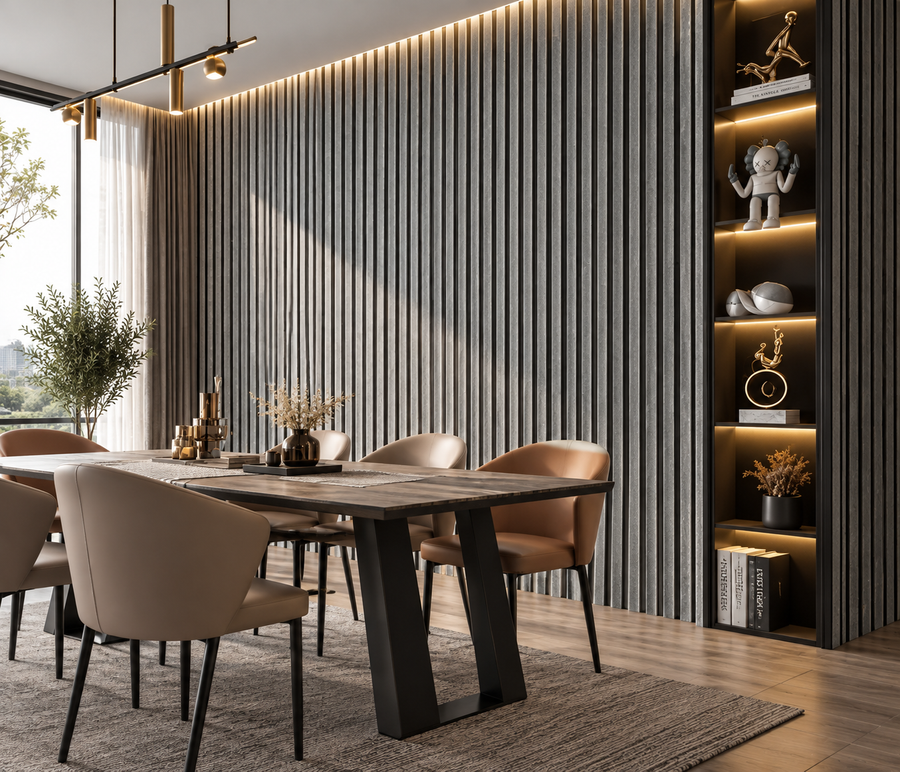 Elegant grey stone-effect wall cladding featuring natural marble-style veining and a premium textured surface