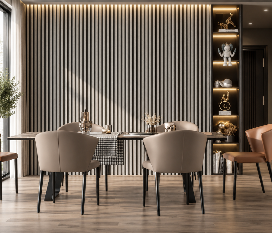 Elegant grey stone-effect wall cladding featuring natural marble-style veining and a premium textured surface