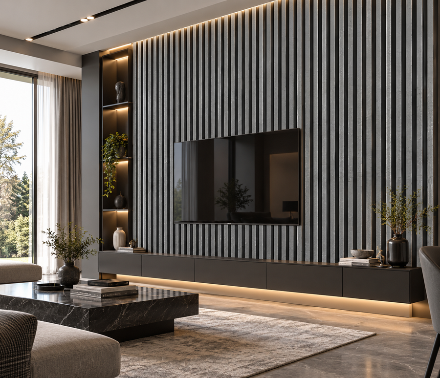 Grey marble 60 × 240 × 1.5cm acoustic wall panel with natural stone veining and a refined modern finish