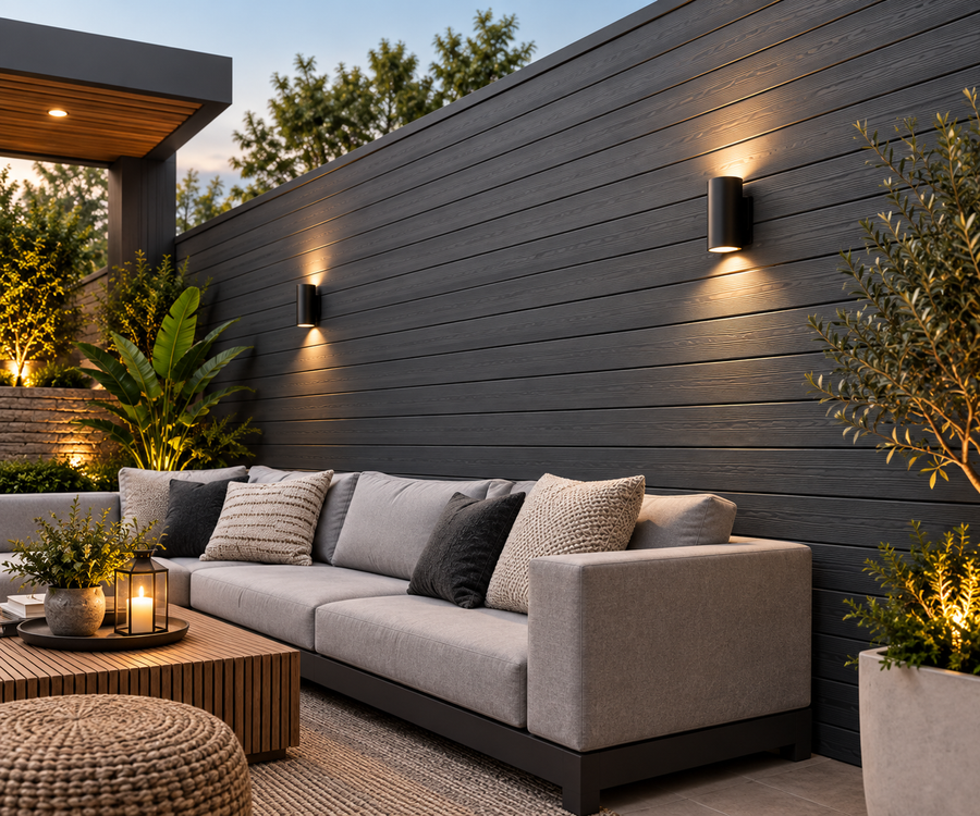 Grey 14.7 × 290 × 2cm outdoor composite wall panel with modern wood-effect finish