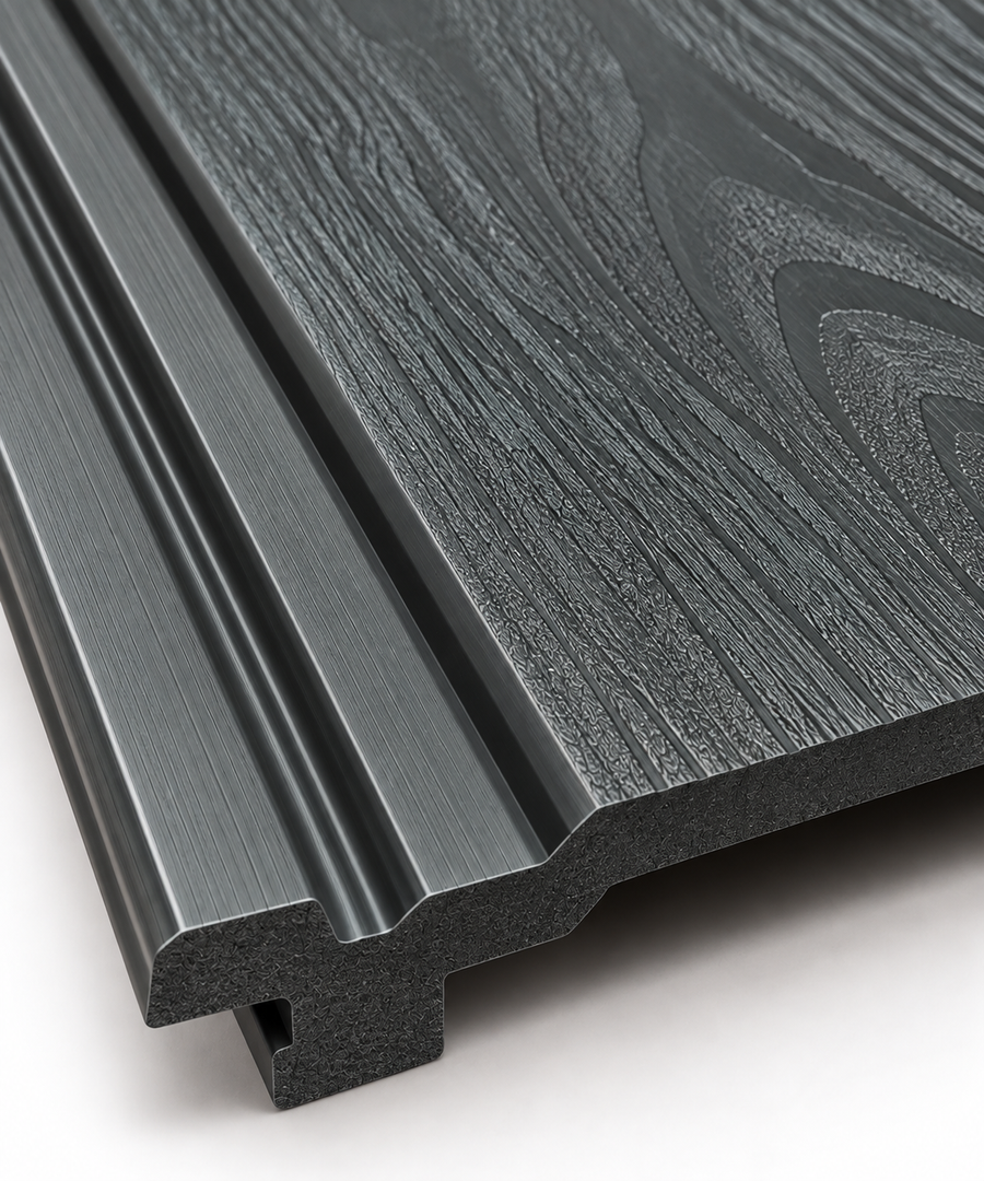 Grey 14.7 × 290 × 2cm outdoor composite wall panel with a clean contemporary finish for exterior spaces