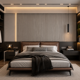 Modern interior featuring a 15 × 240 × 1cm grey seamless PVC wall panel for a sleek architectural feature