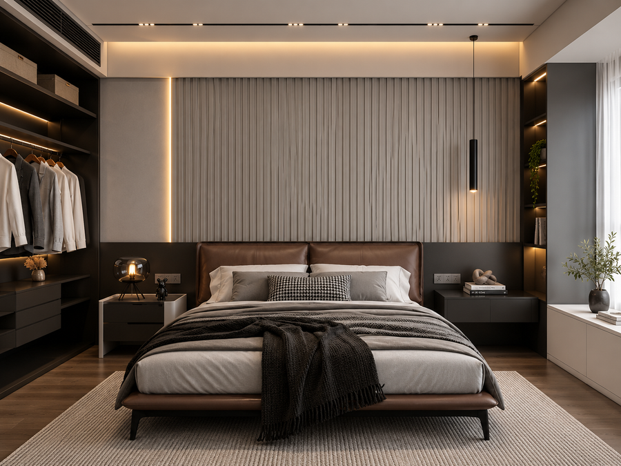 Modern interior featuring a 15 × 240 × 1cm grey seamless PVC wall panel for a sleek architectural feature
