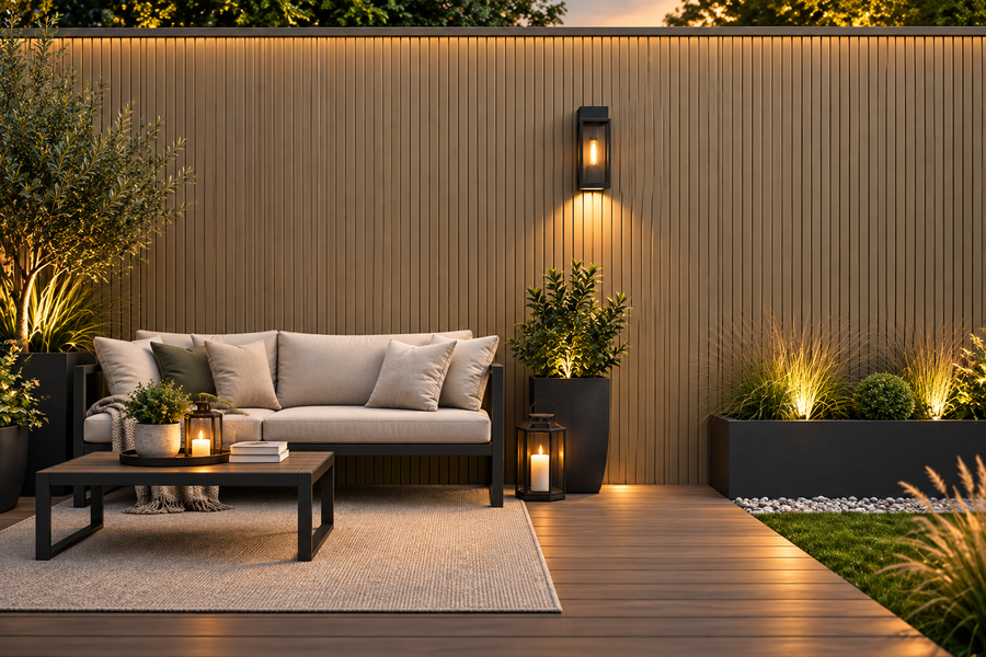 Close-up of a 21 × 290 × 2.5cm composite panel highlighting natural khaki tones and detailed surface texture
