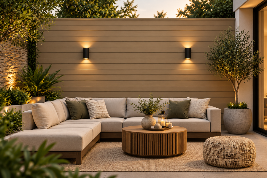 Khaki 14.7 × 290 × 2cm outdoor composite wall panel installed in a modern exterior space
