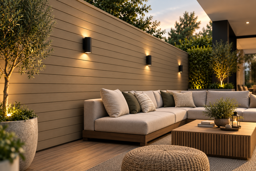 Khaki 14.7 × 290 × 2cm outdoor composite wall panel installed in a modern exterior space