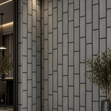 Modern interior featuring a 60 × 240 × 1.7cm light grey acoustic wall panel with clean vertical architectural detailing