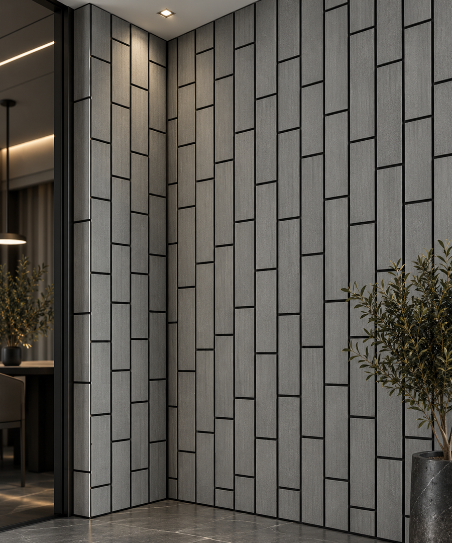 Modern interior featuring a 60 × 240 × 1.7cm light grey acoustic wall panel with clean vertical architectural detailing