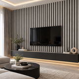 Light grey wide slat acoustic wall panel with a soft neutral finish for clean and contemporary interiors
