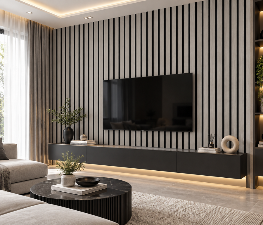 Light grey wide slat acoustic wall panel with a soft neutral finish for clean and contemporary interiors