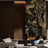 Deep black marble-effect surface with elegant gold veining creating a bold luxury feature wall