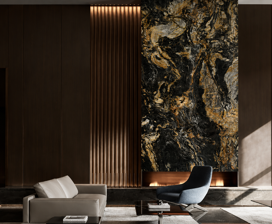 Deep black marble-effect surface with elegant gold veining creating a bold luxury feature wall